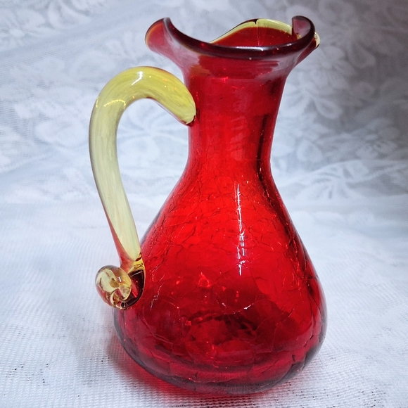 Vintage Blenko Amberina Crackle Glass Cruet Pitcher Bubble Stopper Red To Yellow - Picture 10 of 13